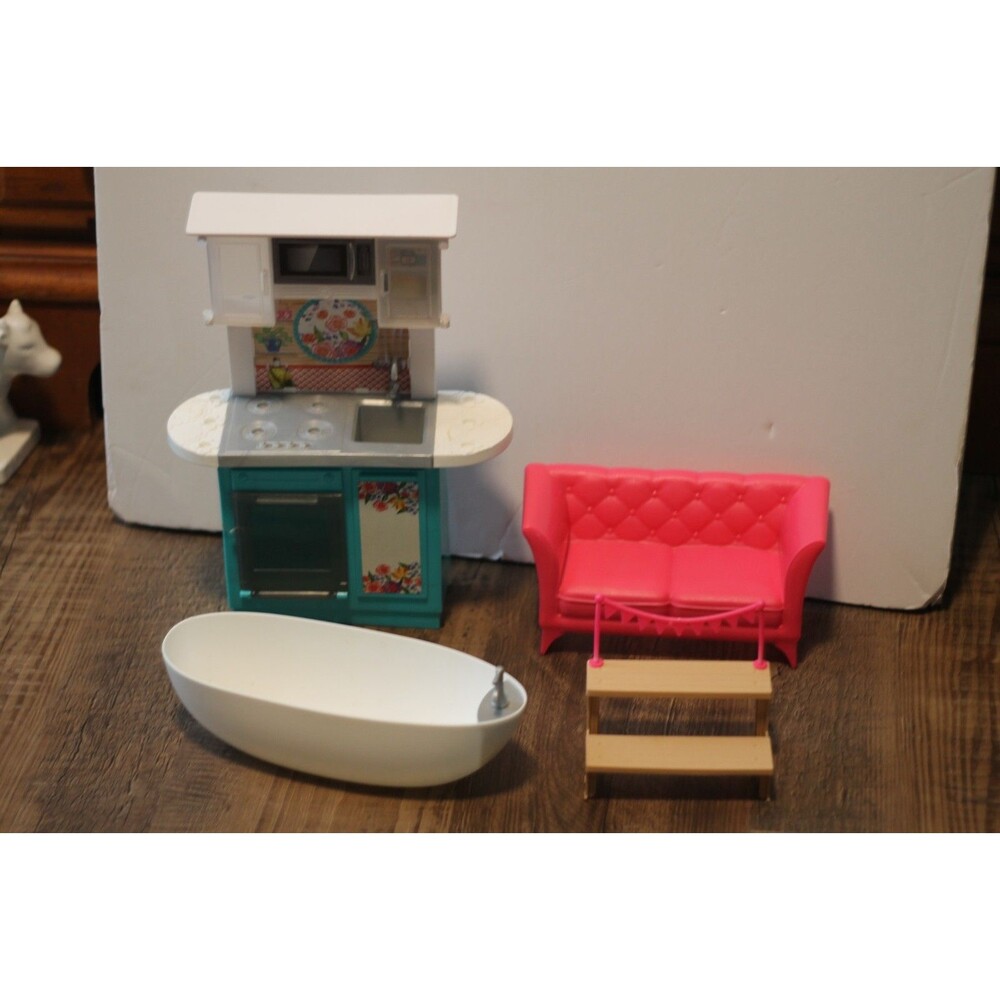 Lot of Barbie Furniture Bathtub, Kitchen, Sofa, Party stand